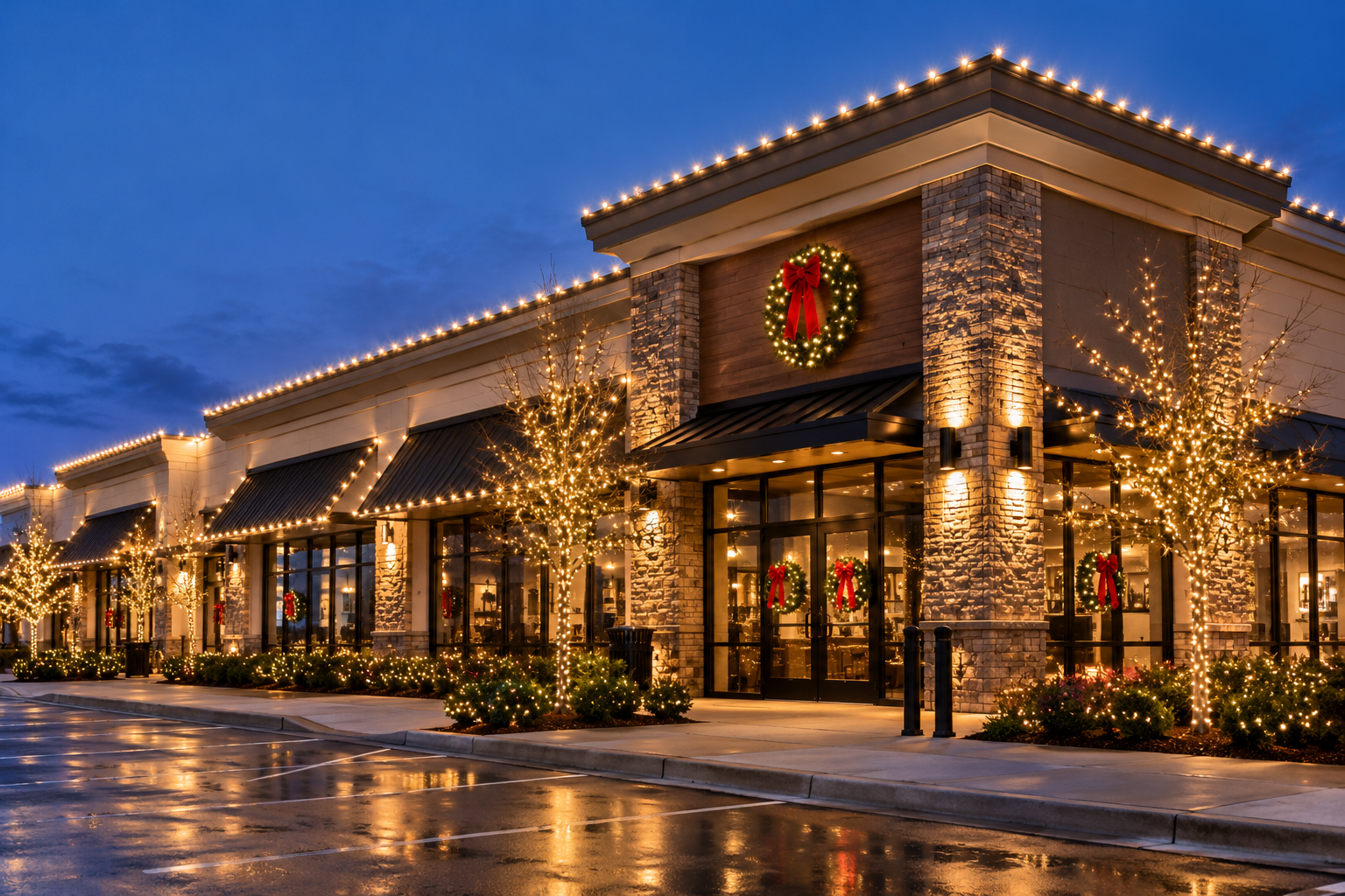 Commercial holiday lighting on a storefront plaza at dusk